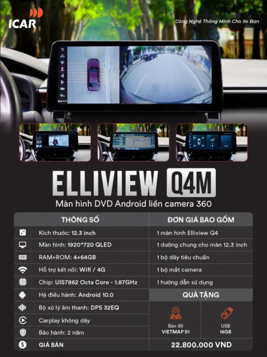 Màn hình android Elliview Q4M liền cam 360